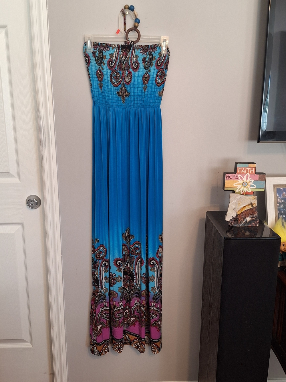 Magic Strapless Turquoise Blue Paisley-Print Maxi Dress